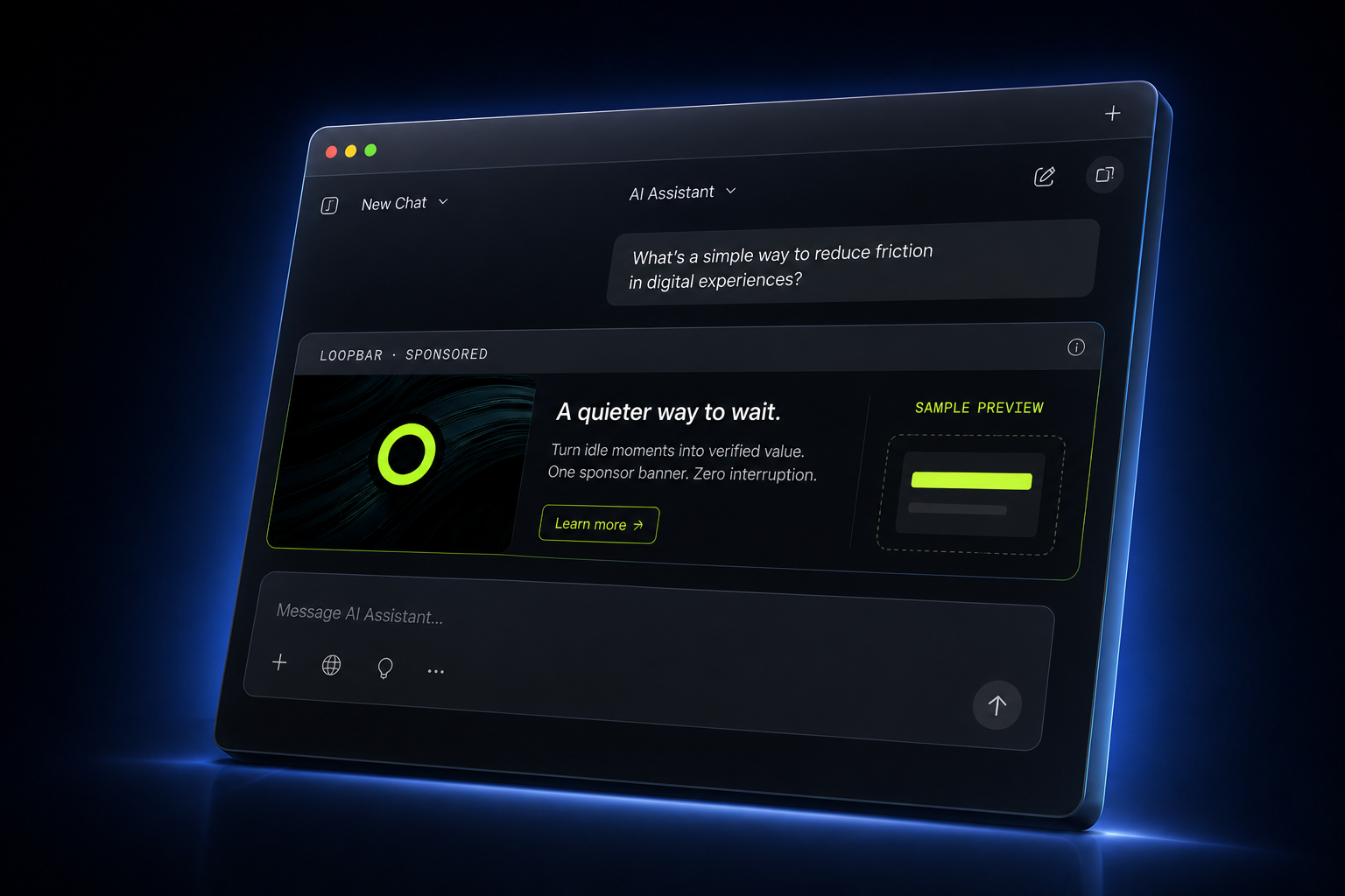 Angled AI chat window showing one clearly labelled LoopBar sponsored banner between the question and composer.